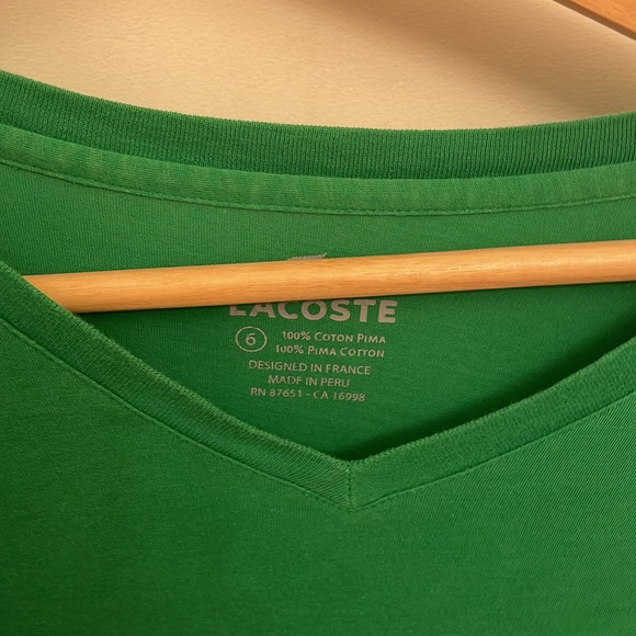 Lacoste v neck Pima cotton green tee, size XL/6 - Picture 2 of 2